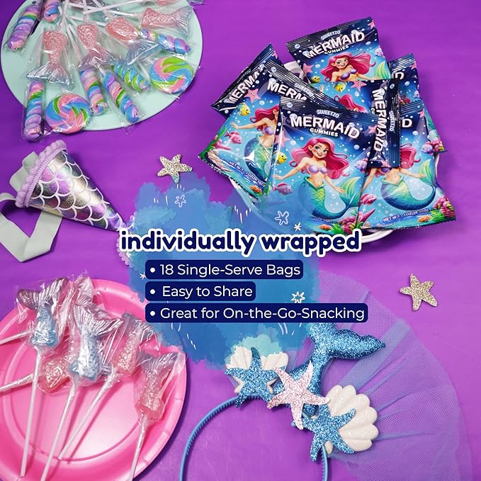 Mermaid Gummy Candy, Individual Bags for Birthday Parties, Assorted Fruit Flavors, Easter Basket Stuffers, 18 Count