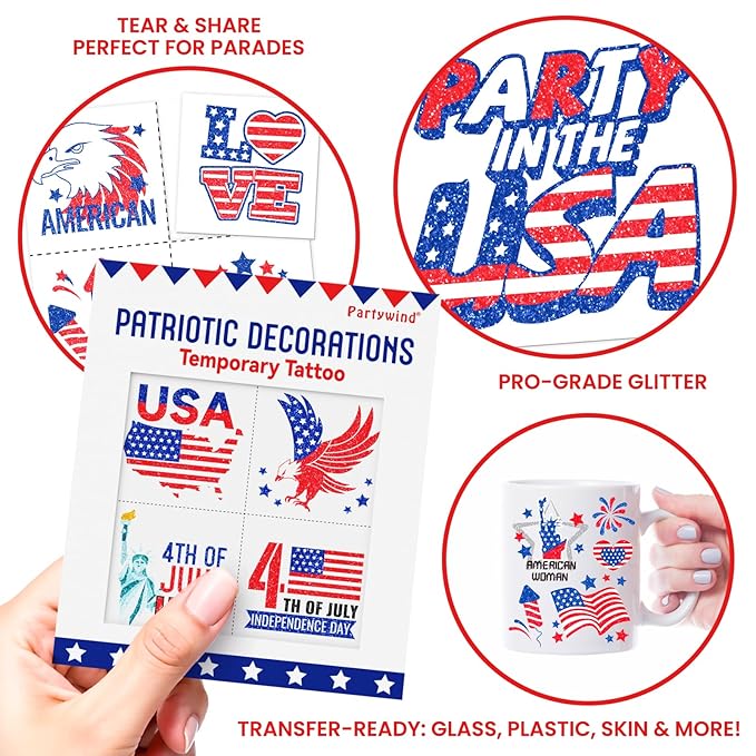 Partywind 60 Pcs Labor Day Decorations, Glitter USA Patriotic Tattoos Sticker, 4th of July Outfits for Women, Red White and Blue Accessories, Memorial Day, Independence Day Party Favors