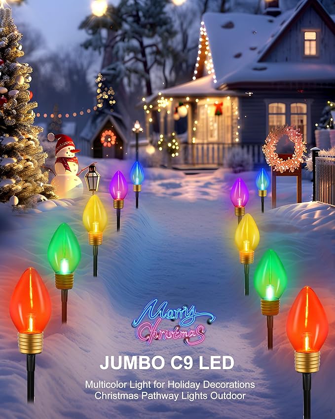 10 Lights Jumbo C9 Pathway Christmas Lights Outdoor, 11Ft 2 Pack 5 LED Giant Bulbs, Large Outdoor Christmas Decor for Holiday Lawn Yard Garden, Big Light Decorations, Multicolor