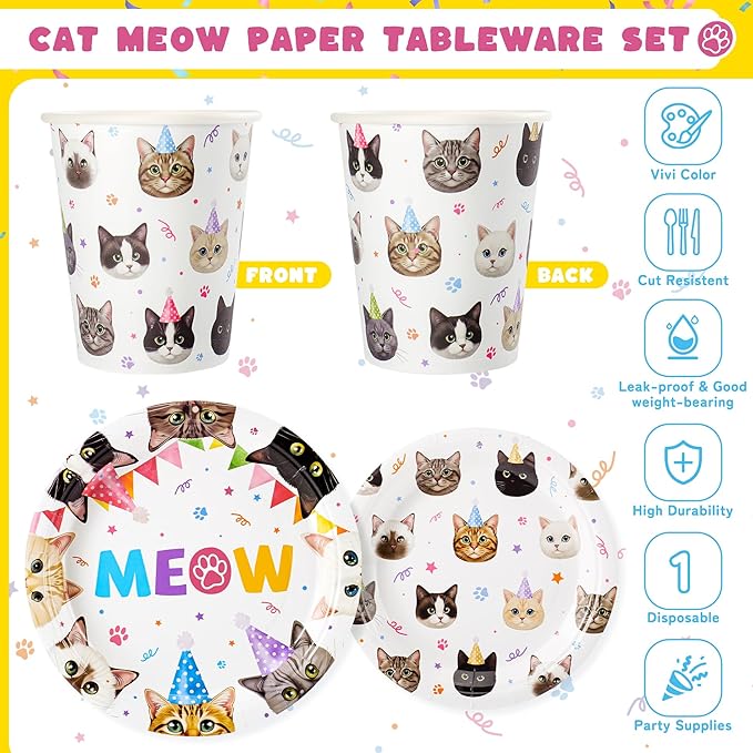 Cats Happy Birthday Party Plates Set, 168PCS Cats Themed Paper Plates Napkins Cups and Colorful Cutlery Set, 24 Set Cat Disposable Tableware Set for Birthday Party Supplies