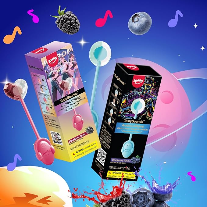 AMOS TastySounds Audio Lollipop 2-Pack Combo - Blackberry & Blueberry Flavors, Bone Conduction Music Candy with Earbud Design