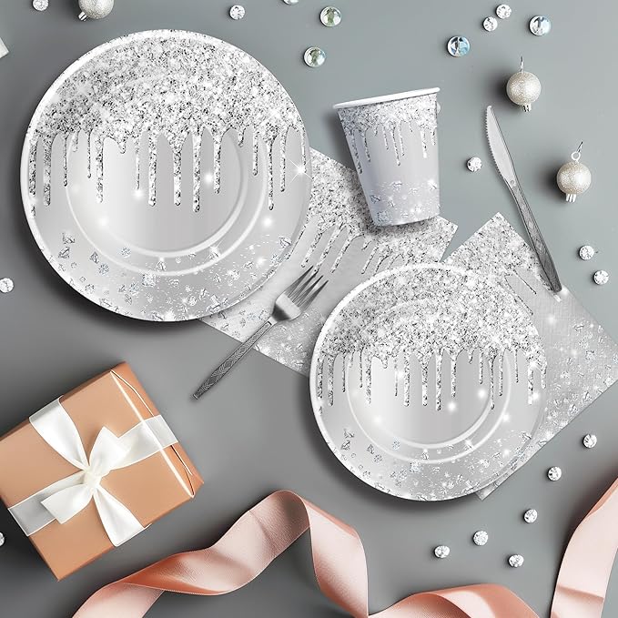 Silver Plates And Napkins Party Supplies - Silver Party Decorations Tableware For Birthday Bridal Shower, Paper Plate, Napkin, Cup, Cutlery, Diamonds Glitter Table Decorations | Serve 24