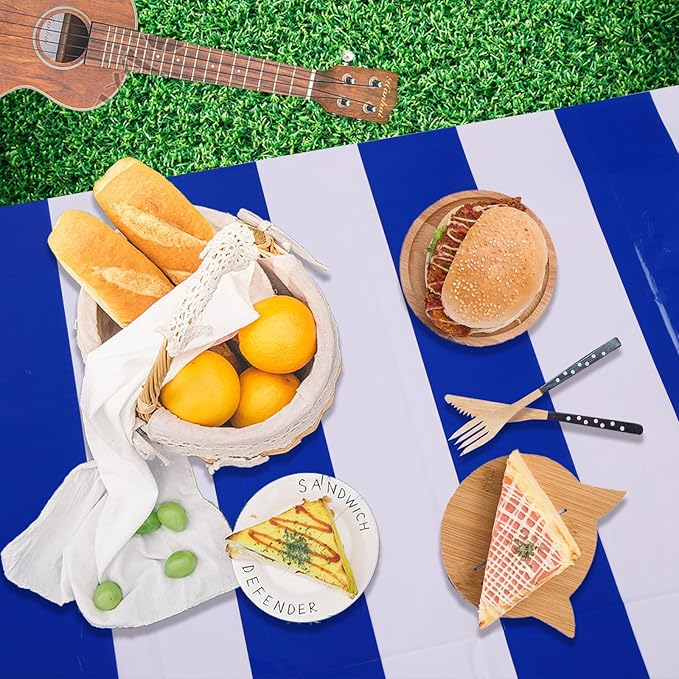 Kesfey 3 Packs Blue and White Horizontal Striped Tablecloth 54 x 108 Inch Blue Nautical Plastic Table Coths Roll Disposable Waterproof Geometric Picnic Party Stripe Tablecover for Camping Dining