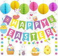Pre-strung Easter Party Decorations Happy Easter Banner with Honeycomb Balls Egg Bunny Hanging Swirls Colorful Circle Dots Garland for Spring Party Home Classroom Office Hanging Decoration