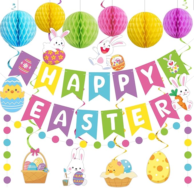 Pre-strung Easter Party Decorations Happy Easter Banner with Honeycomb Balls Egg Bunny Hanging Swirls Colorful Circle Dots Garland for Spring Party Home Classroom Office Hanging Decoration