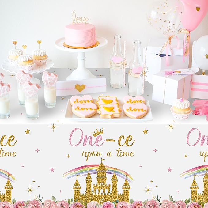 K1tpde Princess 1st Party Tablecloth - 3PCS One-ce Upon A Time Birthday Plastic Tablecloth for Girls, Princess Castle Party Floral Disposable Tablecover for Baby Shower Castle Fairytale Party Supplies