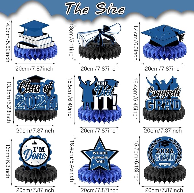 Yisong 9 Pieces 2026 Graduation Party Table Decorations Class of 2026 Congrats Graduation Centerpieces for Tables Congratulate Honeycomb Centerpiece Topper for Grad Party Supplies(Blue)