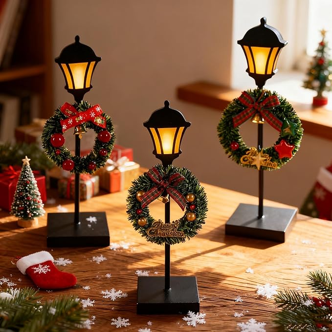 NEROSUN Christmas Table Decorations, 6Pcs Wreath and Lantern Standing Wooden Tabletop Decorations Signs, Merry Christmas Table Toppers for Xmas Home Winter Holiday Party Indoor Decor