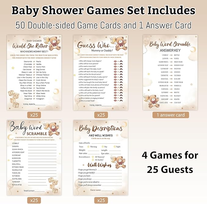 HOMANGA Baby Shower Games for Boy or Girl, 4 Funny Games for 25 Guests, Who Knows Mommy Best, Guess Who, Word Scramble, Gender Neutral Bear Design Baby Shower Decorations