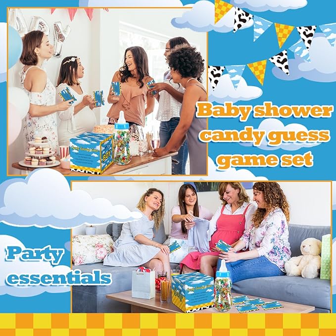 Glenmal 52 Pcs Baby Shower Games Gift Sets Large Baby Bottle for Shower Game Guess How Many Candies Decorations for Gender Reveal(Cartoon Style)