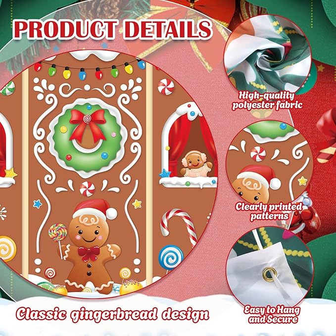 4pcs Gingerbread House Door Cover Decorations, Christmas Gingerbread Door Banner Backdrop for Christmas Holiday Party Decor, 110.24 * 98.43 in