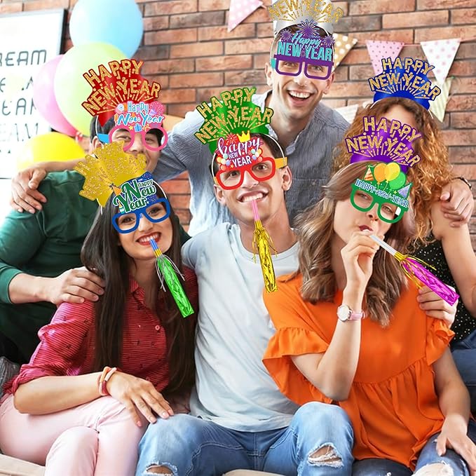 Openfly 24Pcs New Years Eve Party Supplies 2026 Happy New Years Party Headband Hats New Year Glasses New Year Noise Makers