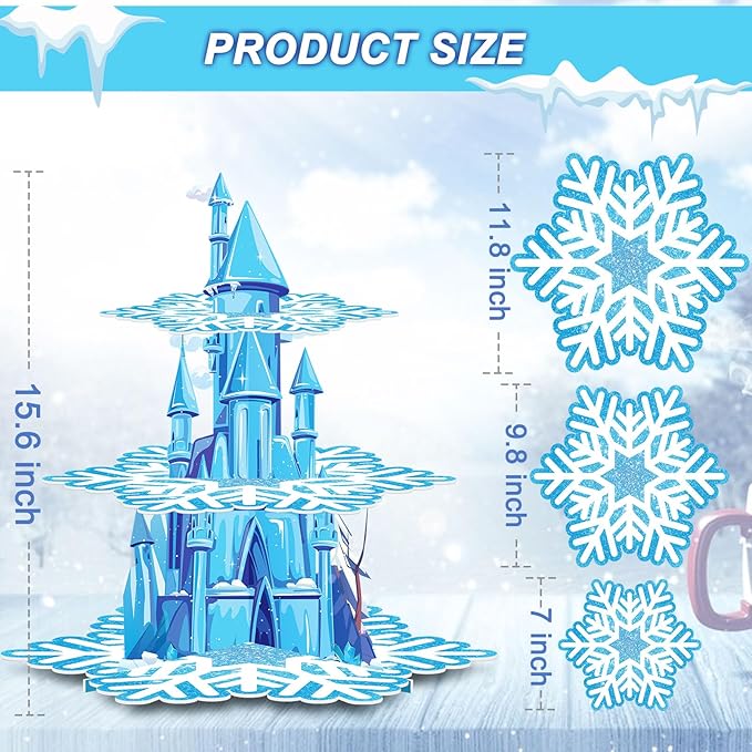 BenLouis 3 Tier Frozen Cupcake Stand - Frozen Birthday Party Supplies Winter Wonderland Baby Shower Cake Table Decoration Snowflake Cupcake Holder for Girl Kids Winter Blue Princess Party Favor