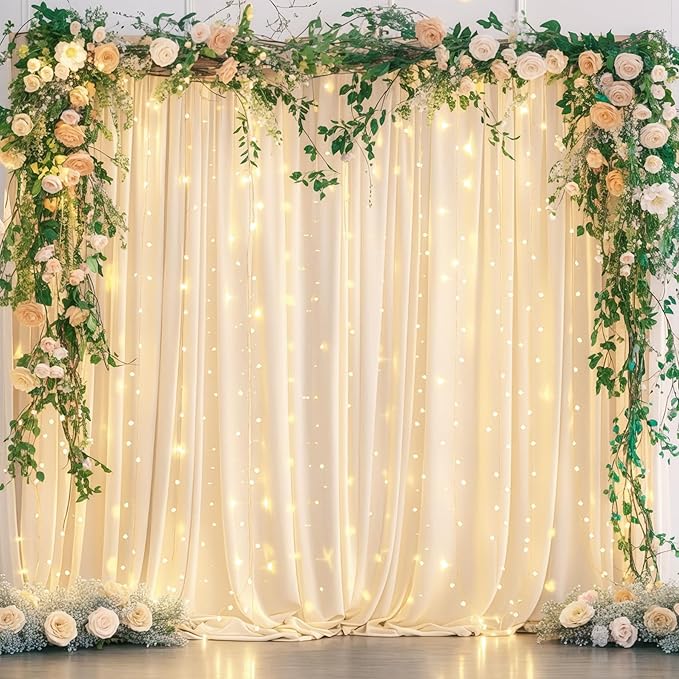 10 x 10ft Champagne Backdrop Curtains with Lights String for Wedding Polyester Photo Backdrop Drapes Wrinkle Free Long Curtains Backdrop for Birthday Parties Reception Baby Shower Ceremony-5 x 10ft 2P