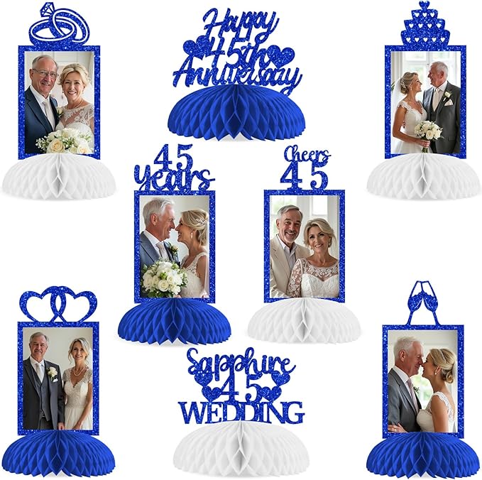Cheereveal 8 Pieces Happy 45th Wedding Anniversary Honeycomb Centerpiece, Navy Blue Glitter Photo Table Topper, Cheers to 45 Years Sapphire Wedding Anniversary Theme Party Supplies for Men and Woman