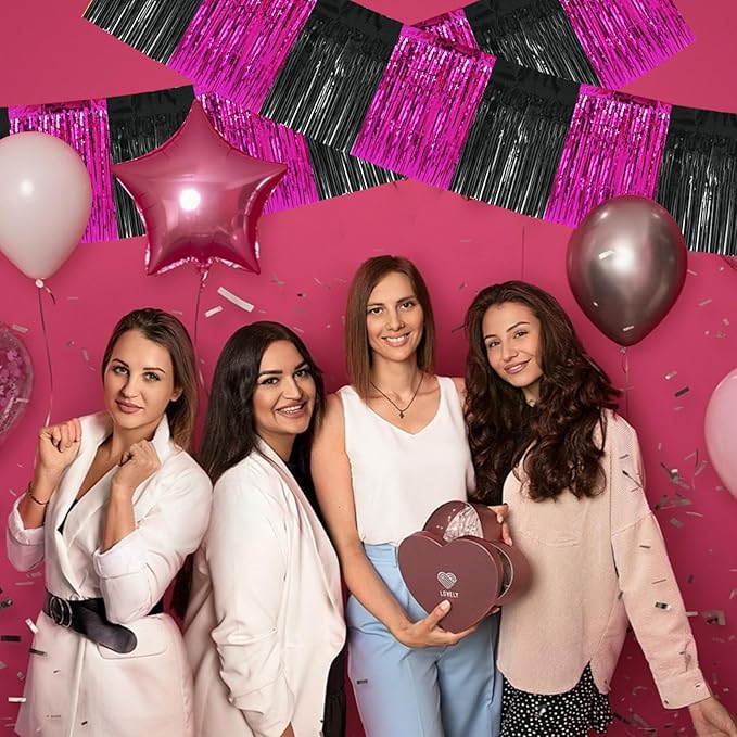BEISHIDA 3 Packs Metallic Foil Fringe Garland Black Hot Pink Wall Hanging Tinsel Fringe Banners for Car Floats Bridal Shower Wedding Birthday Graduation Holiday Party Decoration(30 Feet)