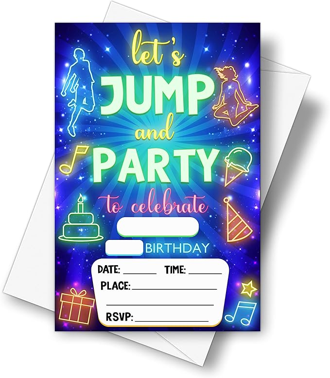 DETIHO 4" x 6" Jump Trampoline Birthday Party Invitation Cards With Envelopes - Let's Jump and Part - Bounce House Party Invitation - 20 Sets - E19