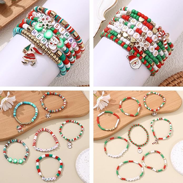 Cooluckday 36 Pcs Holiday Heishi Surfer Bracelets for Women Bulk Easter Mother's Day Christmas St. Patrick's Day Mardi Gras Bracelet Stackable Stretch Friendship Bracelets Set