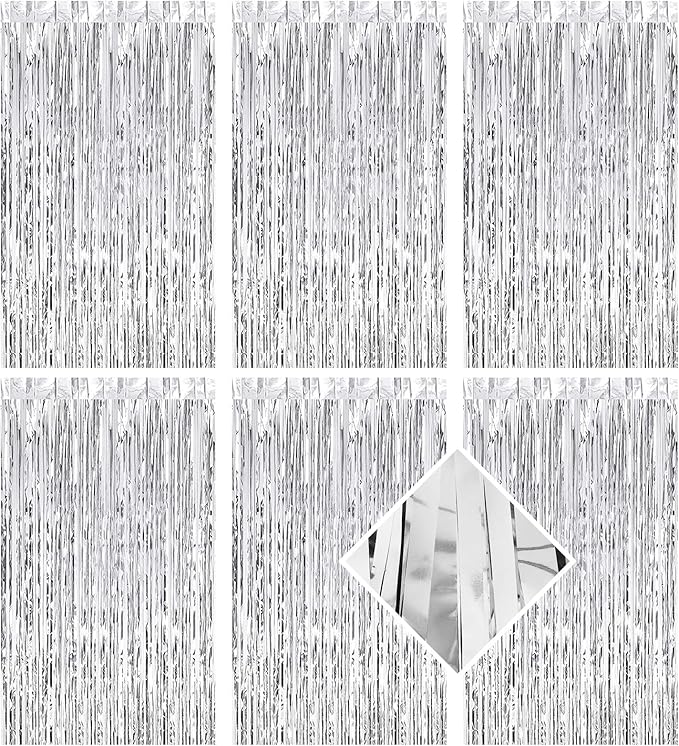 6 Pack Silver Foil Curtain Backdrop 3.2ft x 6.6ft Metallic Tinsel Fringe Backdrop Curtains Streamer Photo Booth Backdrop for Birthday Engagement Bachelorette Christmas Holiday Party Decorations