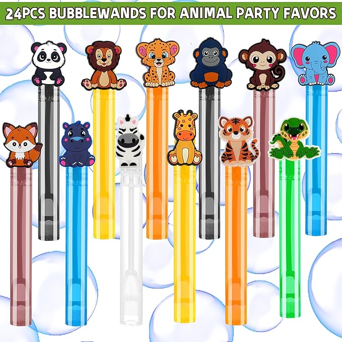 24PCS Animal Bubble Wands for Wild One Birthday Baby Shower Decorations Safari Jungle Theme Party Favors Supplies, Pinata Goodie Bags Filler, Classroom Prizes, Valentines Gifts, Easter Stuffers