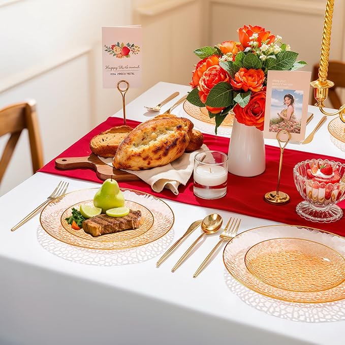 Rubtlamp 175 Pcs Plastic Dinnerware Set (25 Guests), Orange And Gold Plastic Plates, Hammered Party Plates Set Include Dinner Plates, Dessert Plates, Cups&Cutlery Set And Napkins for Wedding And Party