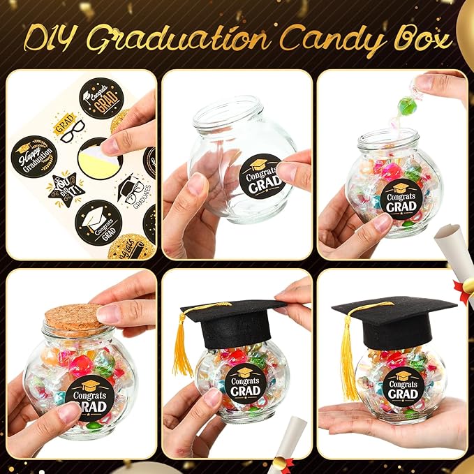 20 Sets Glass Graduation Cap Candy Jars Class of 2026 Graduation Party Decorations Candy Boxes Containers with Sticker for 2026 Grad Ceremony Party Supplies DIY(Black and Gold)