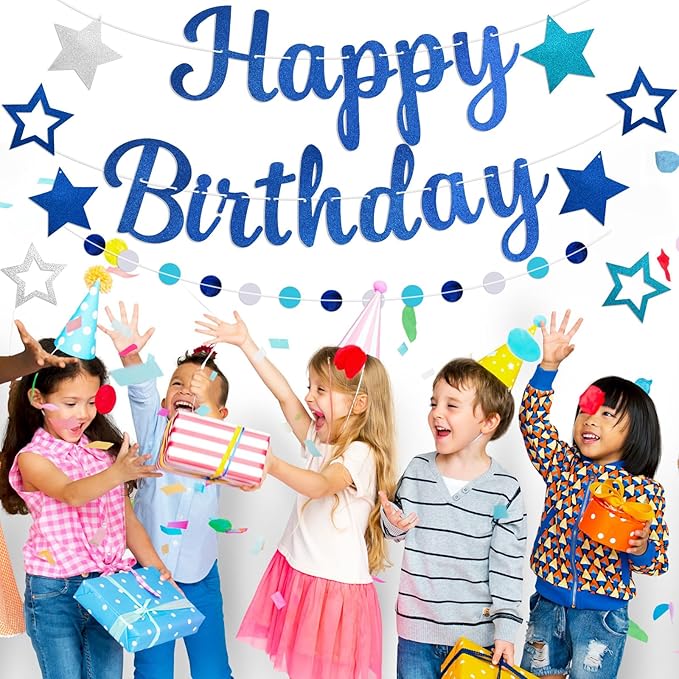 Pre-Strung Happy Birthday Banner, NO DIY Birthday Decorations with Circle Dot Garland，Happy Birthday Party Decorations for Women Men Girls Boys (Blue)