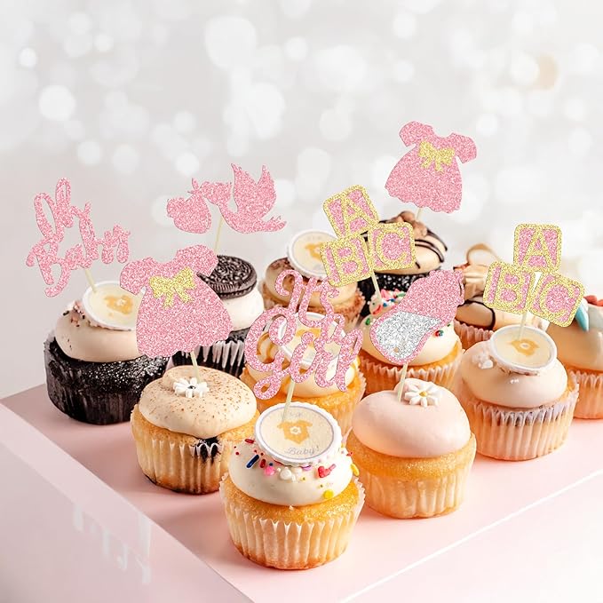 24Pcs Baby Shower Oh Baby Cupcake Toppers with Bow Dress Bottle Swan Pink Glitter It's a Girl Cake Picks Decorations for Baby Shower Gender Reveal Girls Birthday Party Supplies