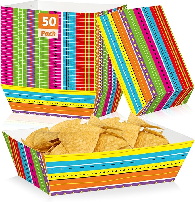 50 Pcs Mexican Taco Food Trays, Disposable Cinco De Mayo Paper Tray Fiesta Theme Party Decorations, Colorful Mexican Stripe Design Kitchen Decor Fiesta Ware Dinnerware for Mayo Party Supplies