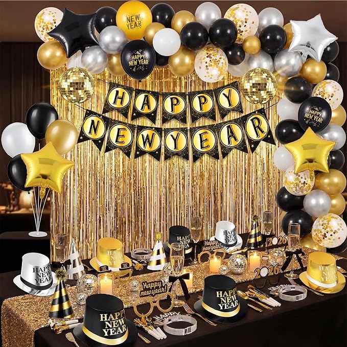 Junkin 124 Pcs New Years Eve Party Supplies 2026 Kit for 18 Guests Include Hats Glasses Blowouts Trumpet Balloons Banners Fringe Curtain Ambient Lights New Years Decorations Party Favors