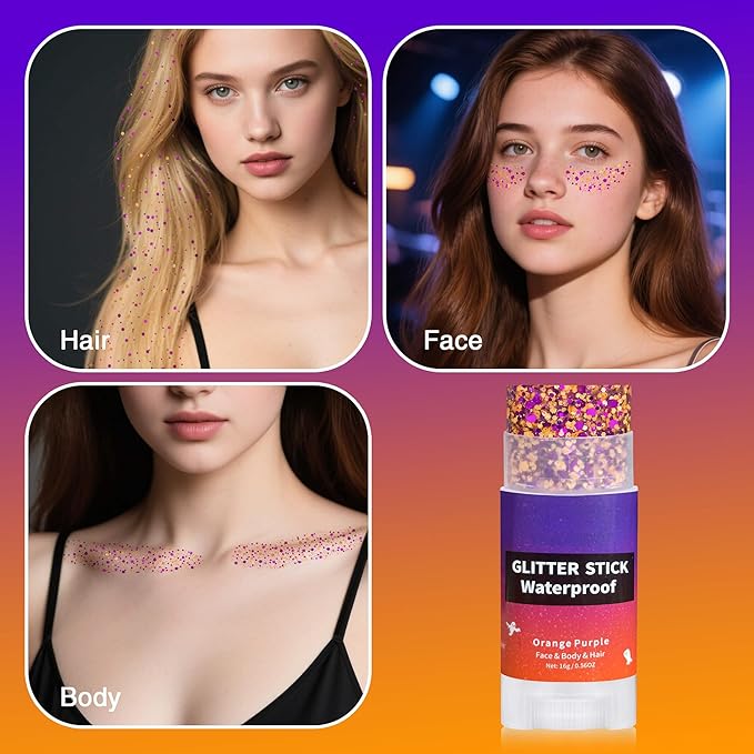 Halloween Purple Orange Hair Glitter Stick,Orange and Purple Body Face Glitter Hair Accessories,Waterproof Cosplay Chunky Glitter Makeup Sequins Body Paint
