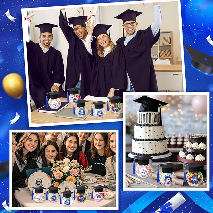 20 Sets Glass Graduation Cap Candy Jars Class of 2026 Graduation Party Decorations Candy Boxes Containers with Sticker for 2026 Grad Ceremony Party Supplies DIY(Blue and Gold)