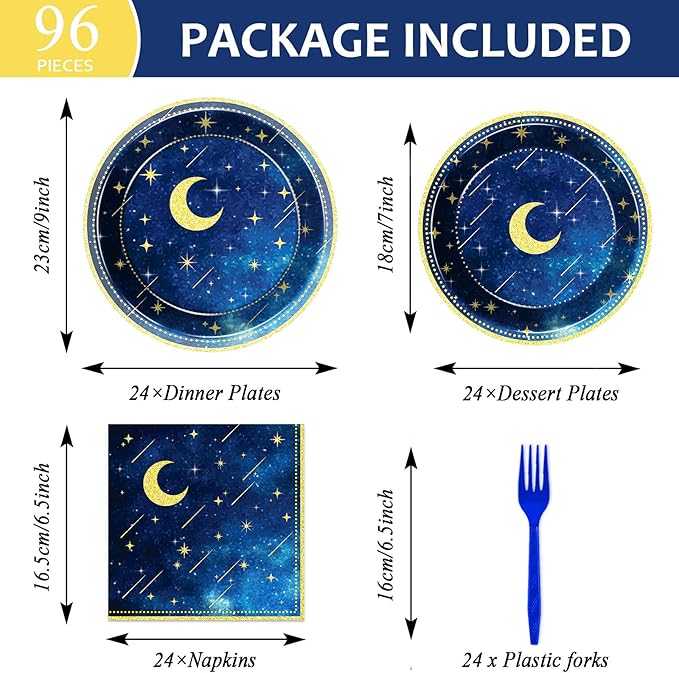 chiazllta 96 Pcs Starry Night Plates and Napkins Party Supplies Sweet theme Tableware Set Galaxy Party Decorations Favors for Outer Space Birthday Baby Shower Serves 24 Guests