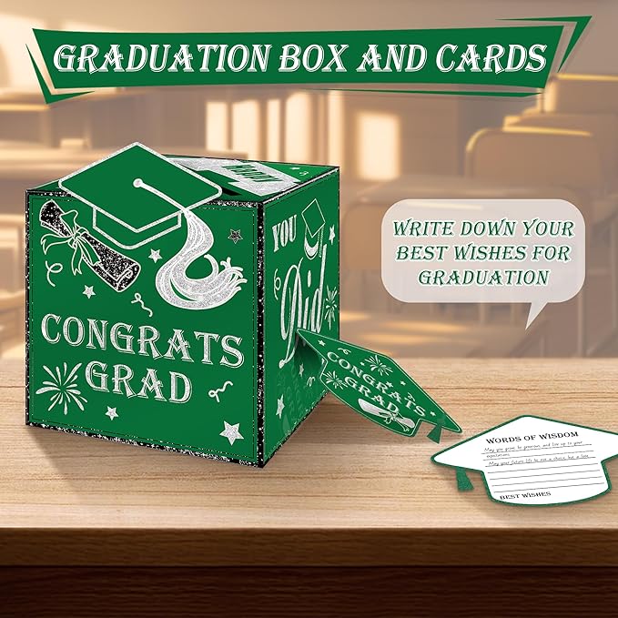AYGXU graduation card box Holder 2026 with 30pcs graduation cards,Graduation party Decorations,graduation money box,Graduation Party favors Supplies-green box