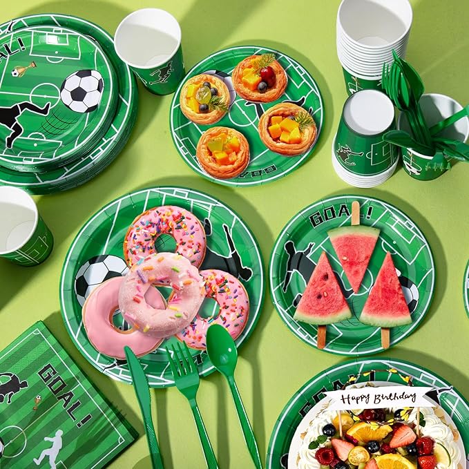 Soccer Birthday Decorations, 170 Pcs Soccer Party Decorations Including Banner, Plates, Cups, Napkins, Cutlery, Straws and Tablecloths, Serves 24