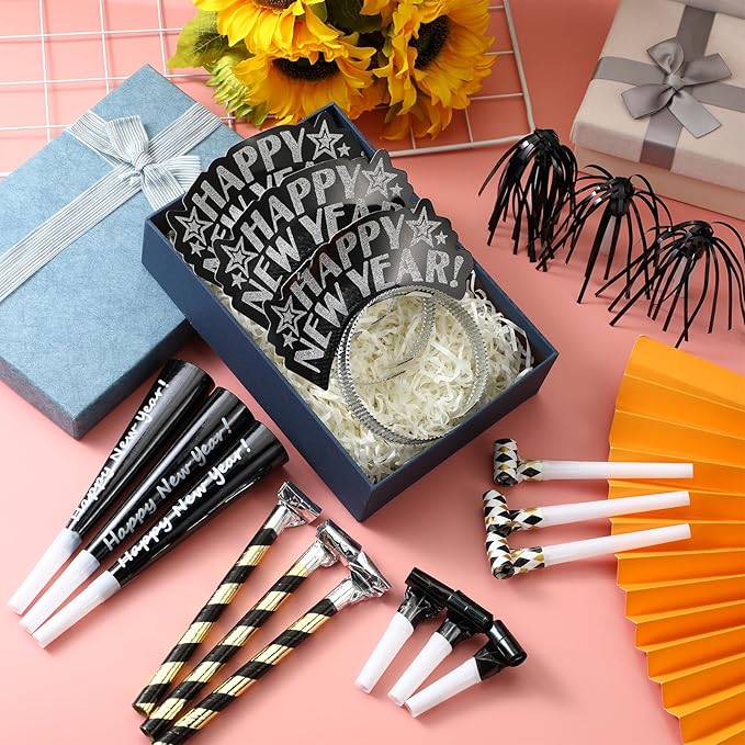 Lenwen 18 Pcs Happy New Years Eve Party Supplies New Year Noise Makers Headband Tiara Party Horn Blowers Whistles Fringed Noisemaker Novelty Favors for Adult Decoration(Black)