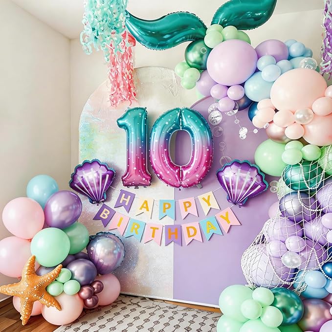 10th Mermaid Birthday Decoration,Metallic Purple Pink Green Blue Latex Balloons for Girls Party Decoration Number 10 Seashell Foil Balloons Banner Cake Topper Sea Decorations for 10 Year Old