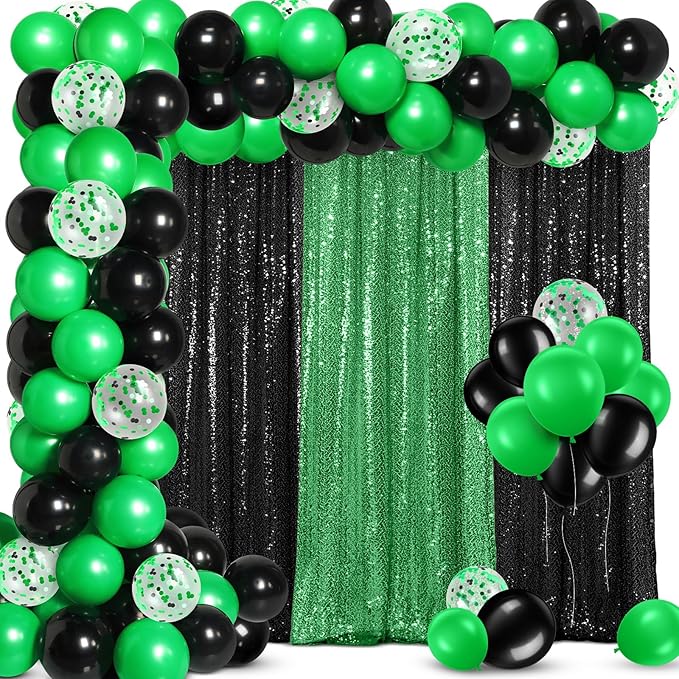 137 Pcs Green Black Party Backdrop Kits- 4 Sequin Curtains Backdrop 133 Balloon Arch Kit, Glitter Photo Background for Graduation Birthday Wedding Anniversary Baby Shower