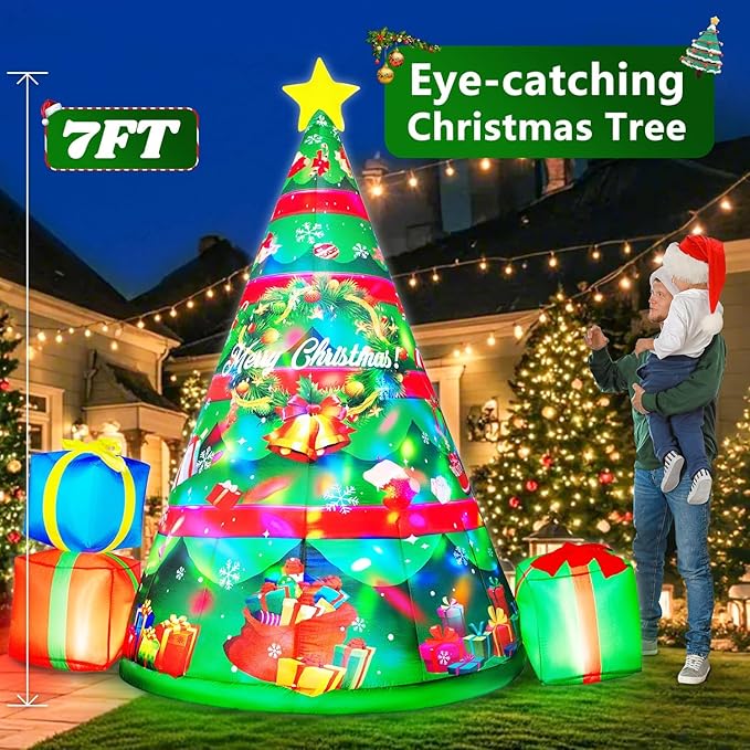 7FT Christmas Inflatables Tree Built-in 360° Rotating Colorful LEDs & Lighted Star, Christmas Decoration Outdoor Blow up Yard Decorations with 3 Gift Boxes for Xmas Party Holiday Indoor