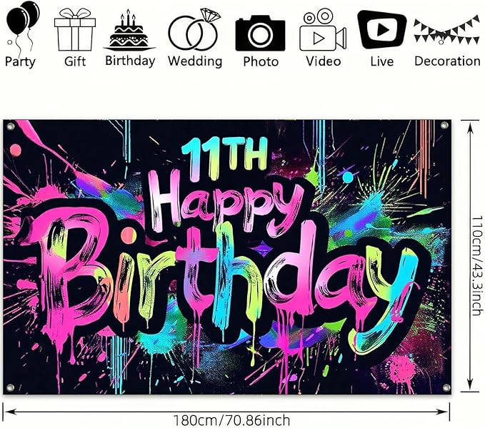 Neon 11th Happy Birthday Banner 71x43 Inch Paint Splatter Glow in The Dark Party Backdrop Colorful Wall Decor for Kids Boys Girls Eleventh Birthday Celebrations Photo Booth Props Event