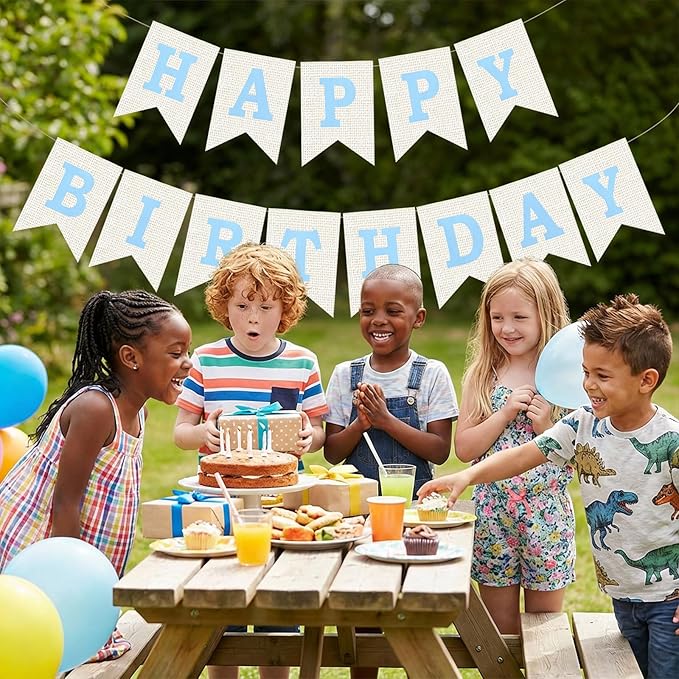 Burlap Happy Birthday Banner, Blue Assembled Happy Birthday Banner Sign Garland for Boys Girls Rustic Party Decorations