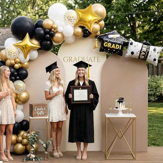 Black Gold Balloons Arch Kit, Black White Gold Balloon Arch with Grad Cap Star Graduation Certificate Foil Balloon, Golden Confetti Balloons for 2026 Graduation Decoration Birthday Anniversary Party