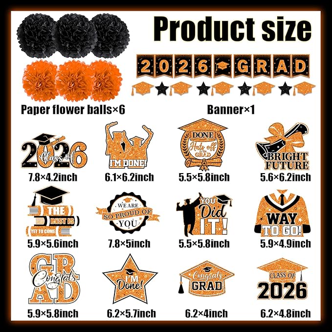 Orange and Black Graduation Decorations, 2026 Grad Banner and Congrats Grad Hanging Swirls, Orange Graduation Banner Graduations Hanging Swirls College Graduations Party Decorations Class of 2026