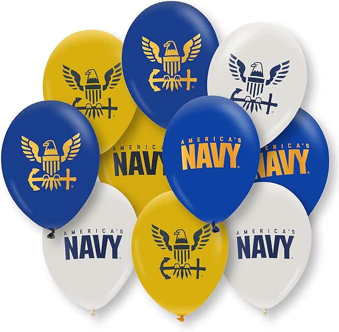 U.S. Navy Party Balloons (10 pcs)! 12” Latex balloons in Blue, White & Yellow with Striking Print on 2 sides. Officially Licensed U.S. Navy Decorations! Made in Italy. by Havercamp