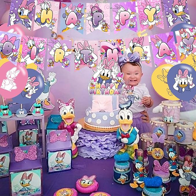 Daisy Duck Party Decoration Set - Movie Theme Banner, Cake Topper, Latex Balloons for Fan's Birthday Supplies