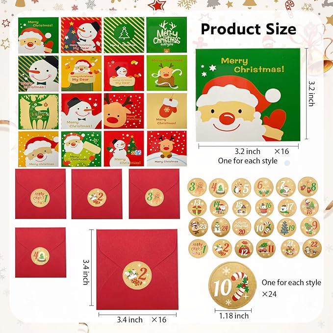 16 Christmas card categories, holiday cuteness multiple loose cards with envelopes and written blessing messages, can be given to friends, family, children, boys and girls (honglvse)