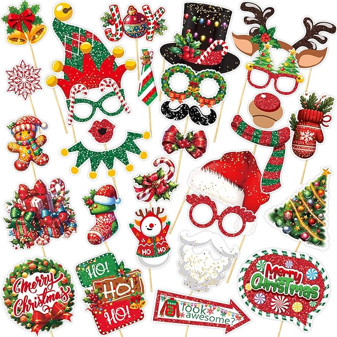30pcs Christmas Photo Booth Props Funny Christmas Party Decorations Photobooth Favors Games Supplies for Kids Adults
