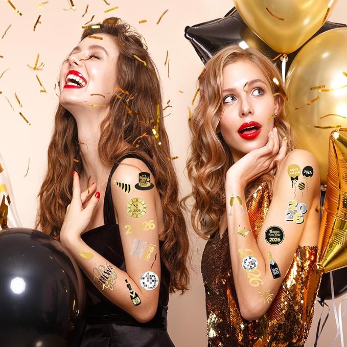 XZENTIRA 4 Sheets 2026 New Year Temporary Tattoos, Black Gold Silver Designs, NYE Party Supplies, New Year's Eve Favors, Happy New Year 2026 Decorations