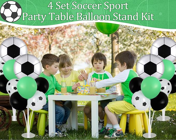 Soccer party Balloons Stand Kit 2 Sets with 2 Soccer Foil Balloons Green White Black Themed Centerpiece for Tables for Men Boys Football Game Sports Birthday Party Decorations