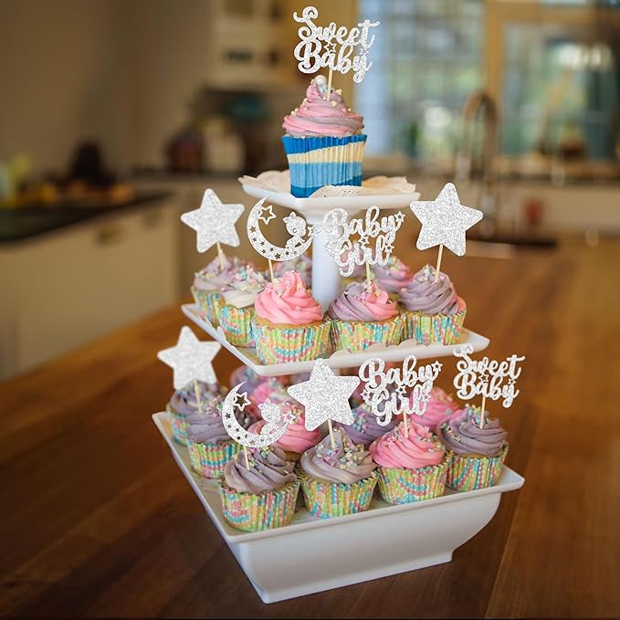 Gyufise 24Pcs Baby Shower Girl Cupcake Toppers with Moon Glitter Star Sweet Baby Gender Reveal Cupcake Picks Decorations for Baby Shower Kids Girls Birthday Party Supplies Silver